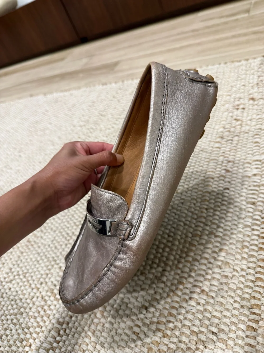 Coach Metallic Taupe Leather Moccasin Flats